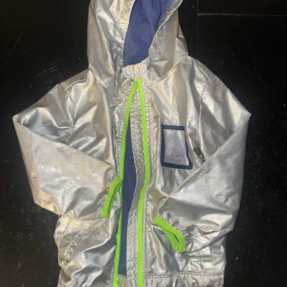 Silver Metallic Hooded Jacket with Neon Green Trim rain coat alien themed